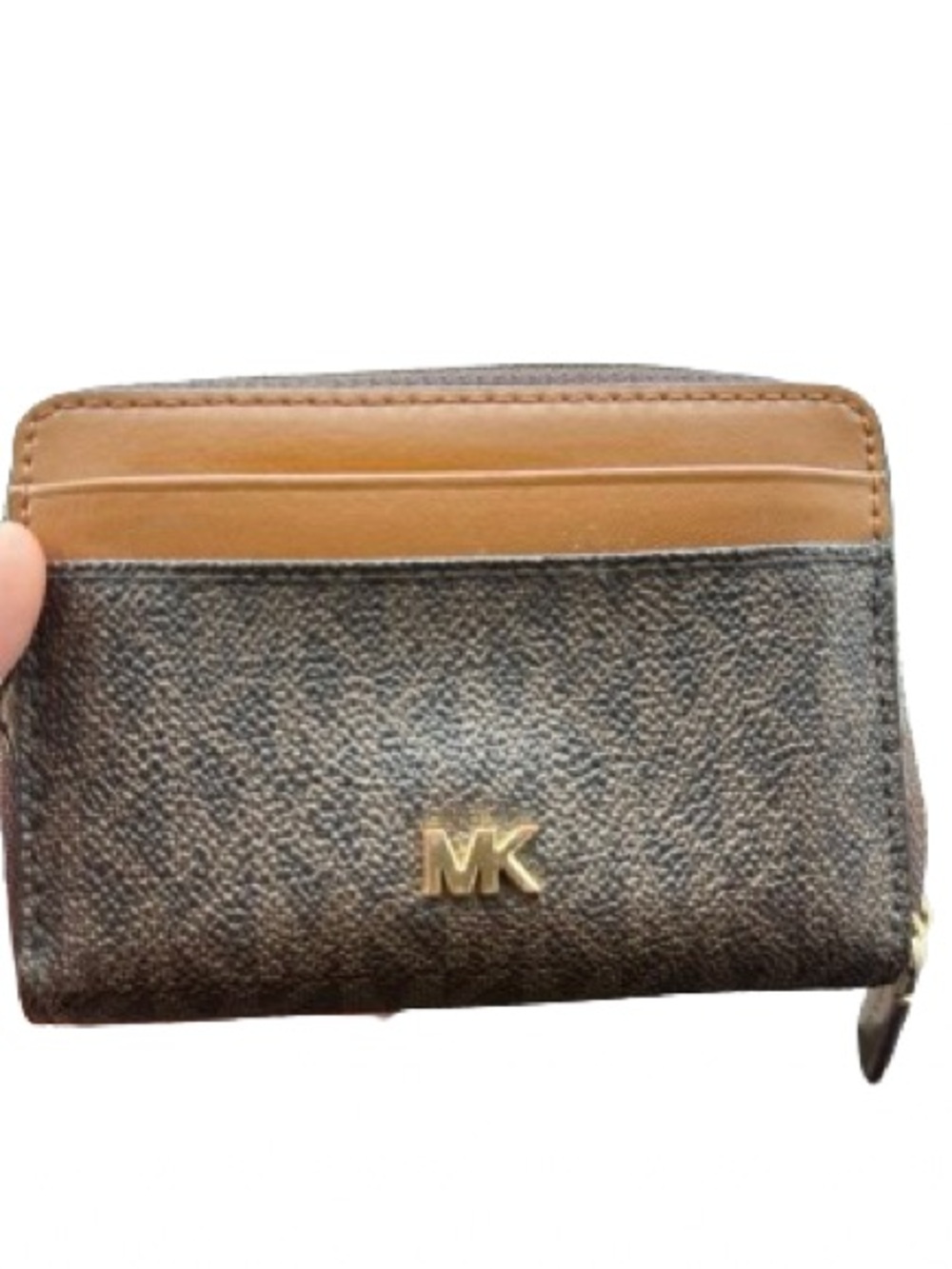 Michael Kors Brown and Tan MK Zip Card Case Wallet
